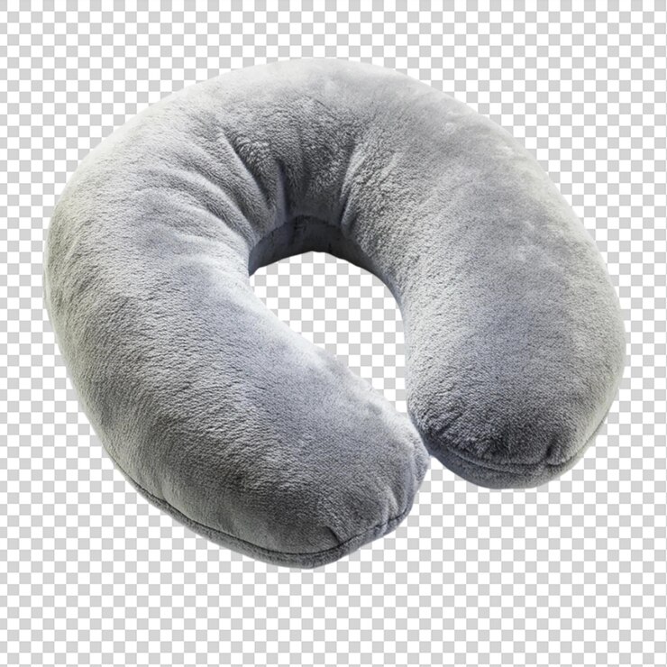 PSD almohada de cuello de viaje de peluche gris aislada sobre un fondo transparente