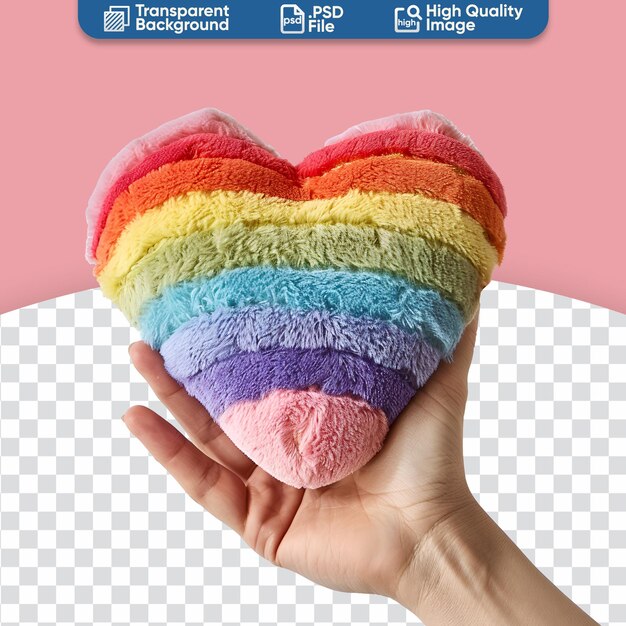 Almohada esponjosa en forma de corazón lgbtqia en los colores del arco iris en la mano de una mujer