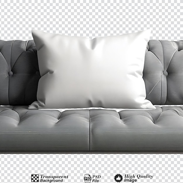 Almohada en maqueta de sofá gris aislada sobre un fondo transparente