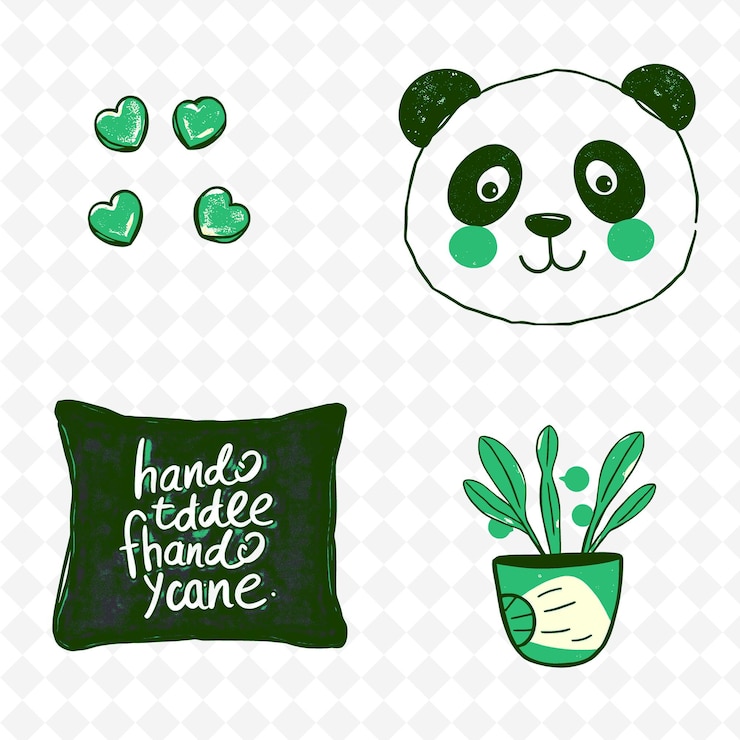 PSD una almohada con un panda y corazones verdes en ella