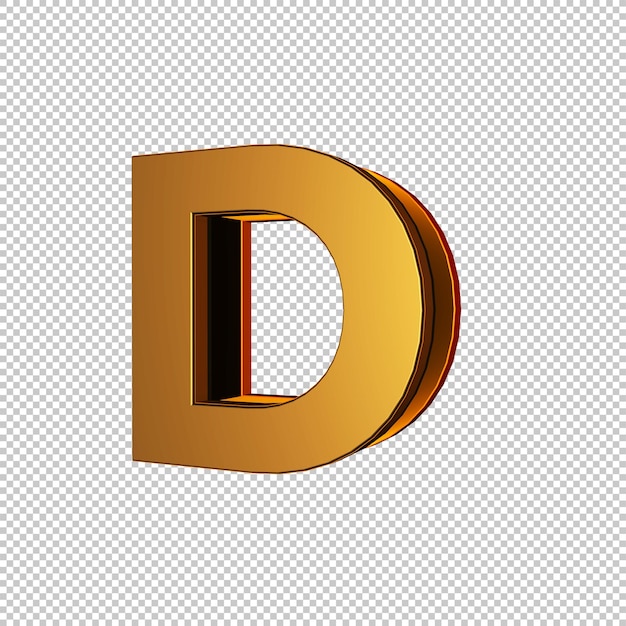 Alphabet D 3D isolé en or frappant avec fond transparent