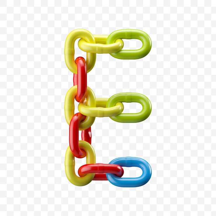 PSD alphabet letter e made of colored chain. 3d illustration isolated