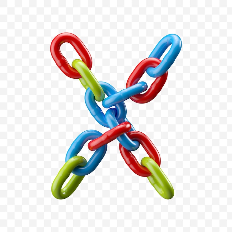 PSD alphabet letter x made of colored chain. 3d illustration isolated