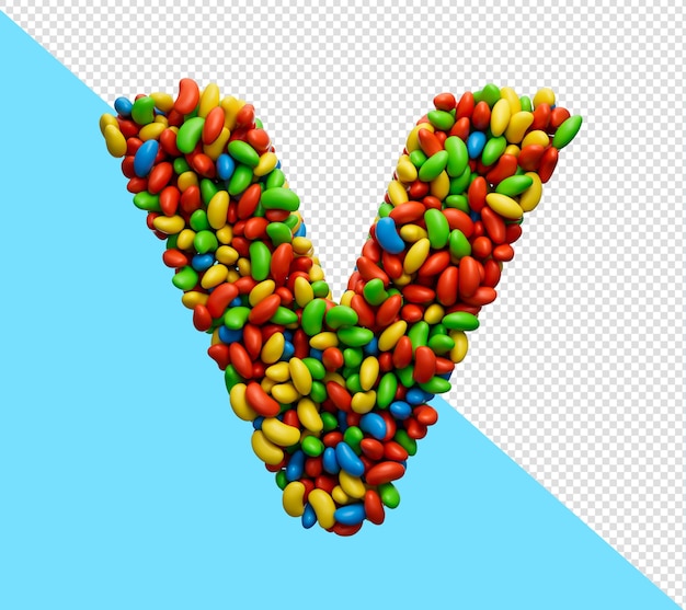 PSD alphabet v coloré jelly beans lettre v arc-en-ciel bonbons colorés jelly beans illustration 3d