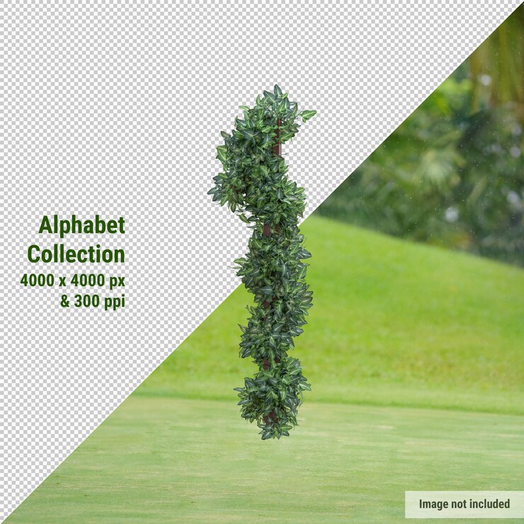 PSD alphabet vertical d'arbre de jardin et de feuilles vertes et blanches
