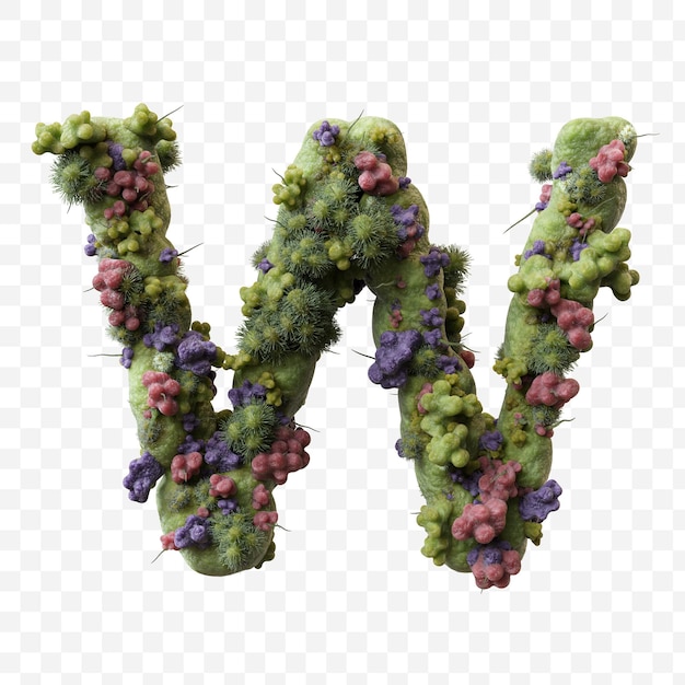 PSD alphabet de virus de grippe ou de covid lettre de microbe vert w conception isolée