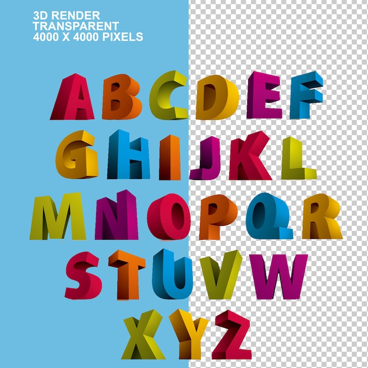 PSD alphabetische buchstaben 3d-computergrafiken schriftart farbe 3d-stereoskopische buchstaben alphabet farbe splats