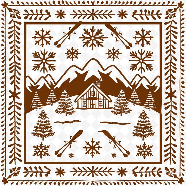 PSD alpine chalet outline mit ski-muster und snowflake det illustration dekor motive sammlung