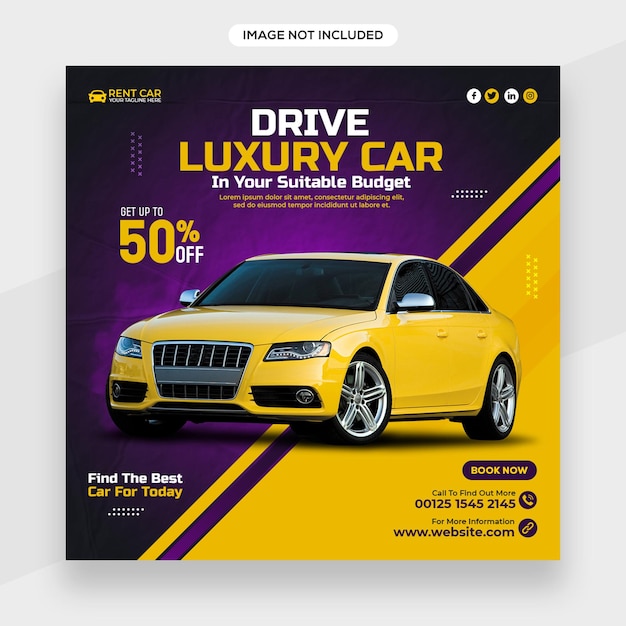 Alquiler de coches banner promocional de instagram o publicación en redes sociales o plantilla de portada de facebook