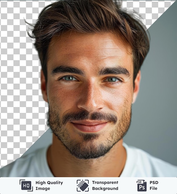 De alta calidad psd apuesto joven jugador de fútbol hombre con cabello corto marrón barba negra y marrón y ojos azules y marrones usando una camisa blanca y mostrando sus labios rosados