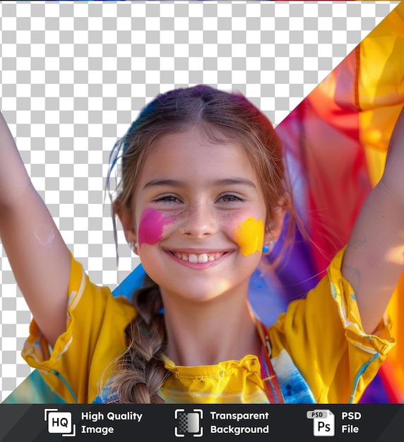 alta calidad psd transparente chica sonriente con mejilla pintada levantando los brazos con bandera multicolor en el fondo