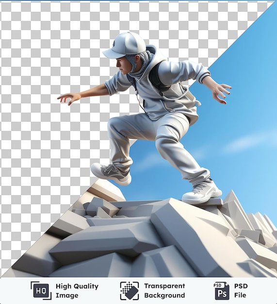Alta calidad transparente psd 3d parkour atleta dibujos animados realizando acrobacias audaces un hombre con una camisa gris y pantalones salta contra un fondo de cielo azul con un zapato blanco visible en el frente