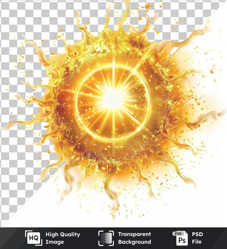 PSD alta calidad transparente psd abstracto sol llamarada vector símbolo solar oro y plata color con un sol brillante y un reloj amarillo y oro