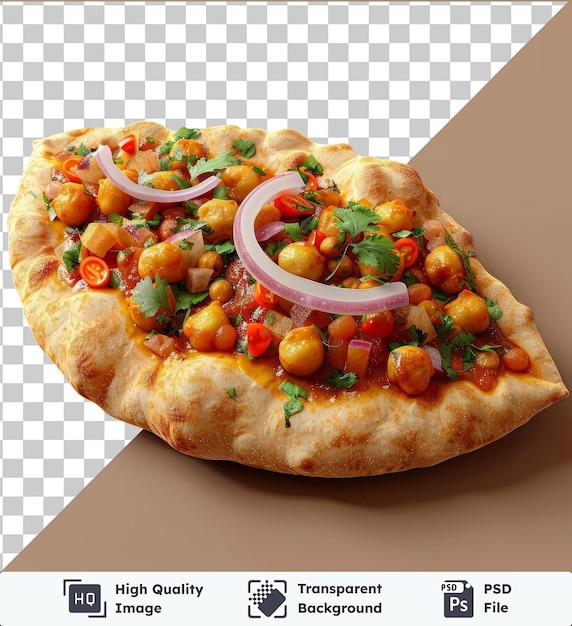 PSD alta calidad transparente psd chole bhature pizza cubierta con cebollas rojas y servida en una mesa marrón con una sombra oscura en el fondo