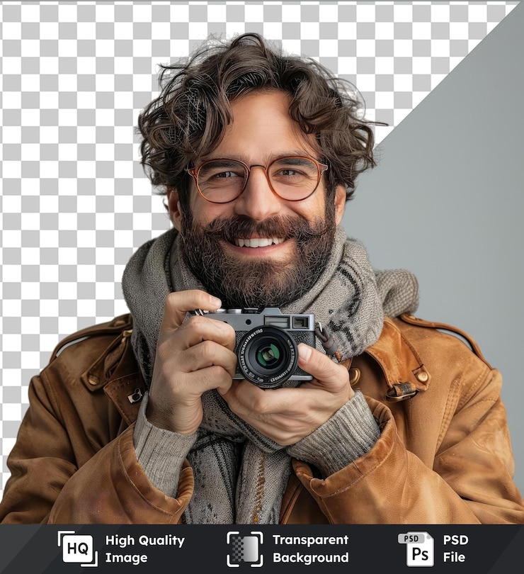 PSD de alta calidad transparente psd feliz hombre barbudo en traje de moda sonriendo y tomando fotos con una pequeña cámara de fotografía con una chaqueta marrón bufanda gris y gafas marrones con cabello rizado marrón