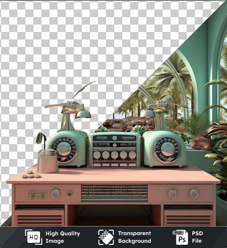 PSD alta calidad transparente psd fotográfico realista anfitrión de radio s estudio de transmisión una planta verde exuberante añade un toque de naturaleza a la escena