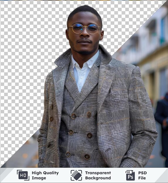 De alta calidad transparente psd joven africano caminando por la ciudad con una chaqueta negra y bufanda gris con cabello negro ojos marrones y una nariz grande y una oreja pequeña