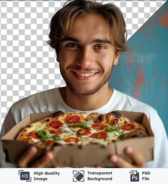 PSD de alta calidad transparente psd joven guapo sosteniendo caja con pizza fresca en sus manos