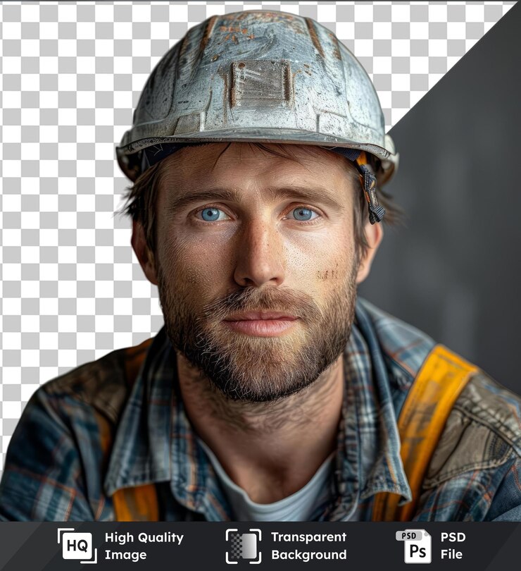 PSD alta calidad transparente psd joven hermoso constructor masculino en casco está mirando a la cámara