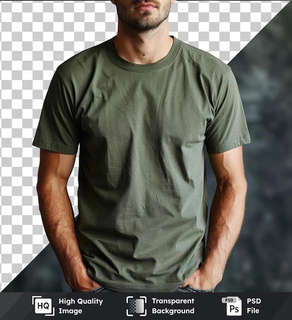 Alta calidad transparente psd vista frontal capturar una camiseta premium oliva materiales técnicos etiqueta de tela y photoshopped un hombre con una barba corta marrón