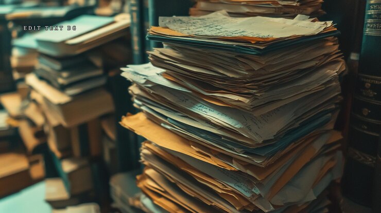 PSD alta pilha de papéis e livros em um arquivo
