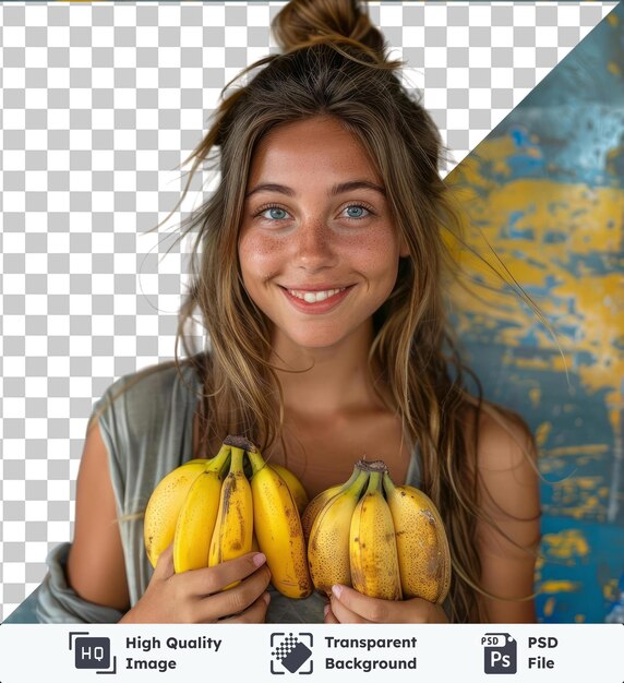 PSD alta qualidade psd transparente jovem bela e feliz garota com cabelo longo segura bananas em sua mão direita e um pão em sua mão esquerda vestindo uma camisa cinzenta e um anel de ouro e prata