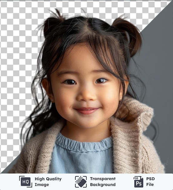 PSD alta qualidade transparente psd bonita menina asiática sorrindo para a câmera com seus cabelos castanhos olhos azuis e castanhos nariz e orelhas pequenas