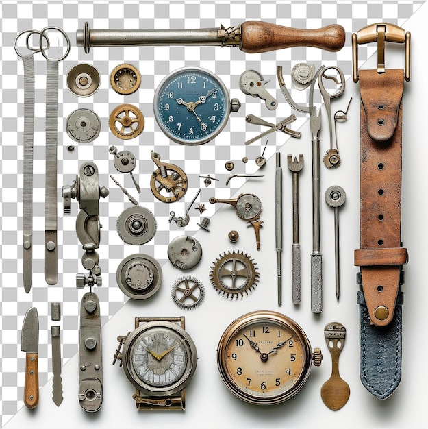 PSD alta qualidade transparente psd fotográfica realista ferramentas de relojoeiro _ s uma coleção de relógios, incluindo um relógio de prata um relógio de ouro e um relógios com uma agulha de ouro são exibidos