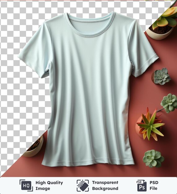 PSD alta qualidade transparente psd uma camiseta feminina cercada por uma variedade colorida de flores e plantas, incluindo flores amarelas laranjas e verdes uma planta em vaso