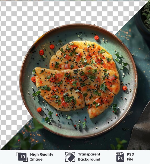 PSD alta qualidade transparente psd uttapam foto de um prato de peixe e legumes acompanhado de um garfo e faca de prata em uma mesa azul com uma tigela preta no fundo
