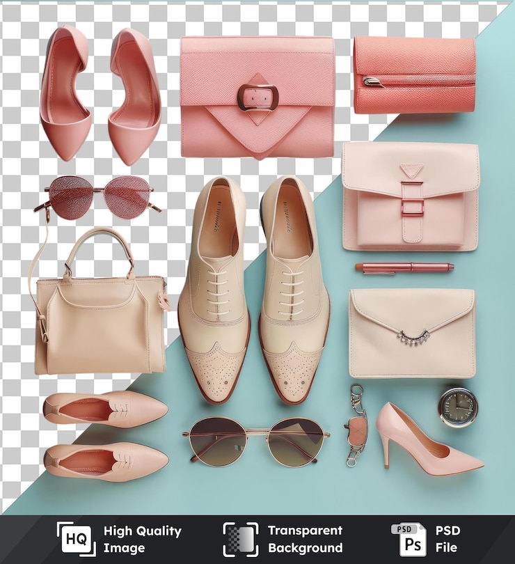 PSD alta qualità trasparente psd luxury designer scarpe e accessori collezione set visualizzato su un tavolo blu con una scarpa bianca occhiali da sole marroni e un portafoglio rosa