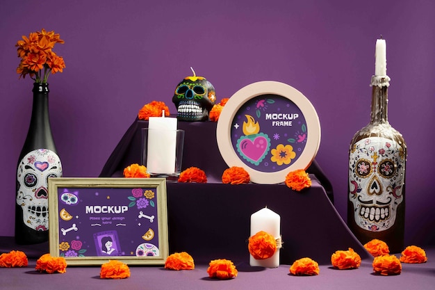 Altar com elementos de "día de muertos"