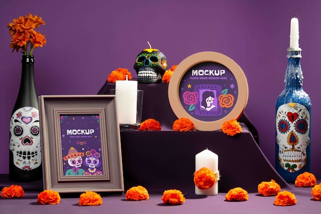 Altar com elementos de "día de muertos"