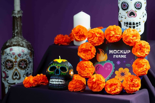 Altar com elementos de "día de muertos"