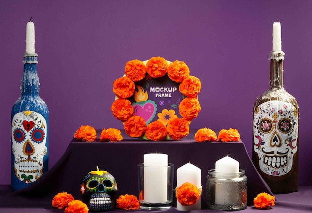 Altar com elementos de "día de muertos"