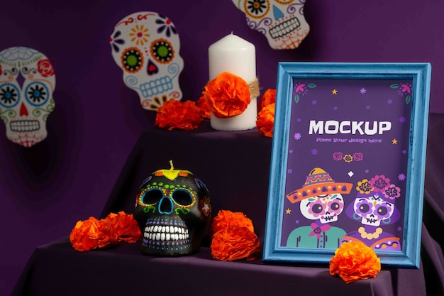 Altar com elementos de "día de muertos"