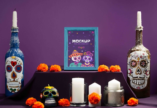 Altar com elementos de "día de muertos"