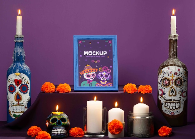 Altar com elementos de "día de muertos"