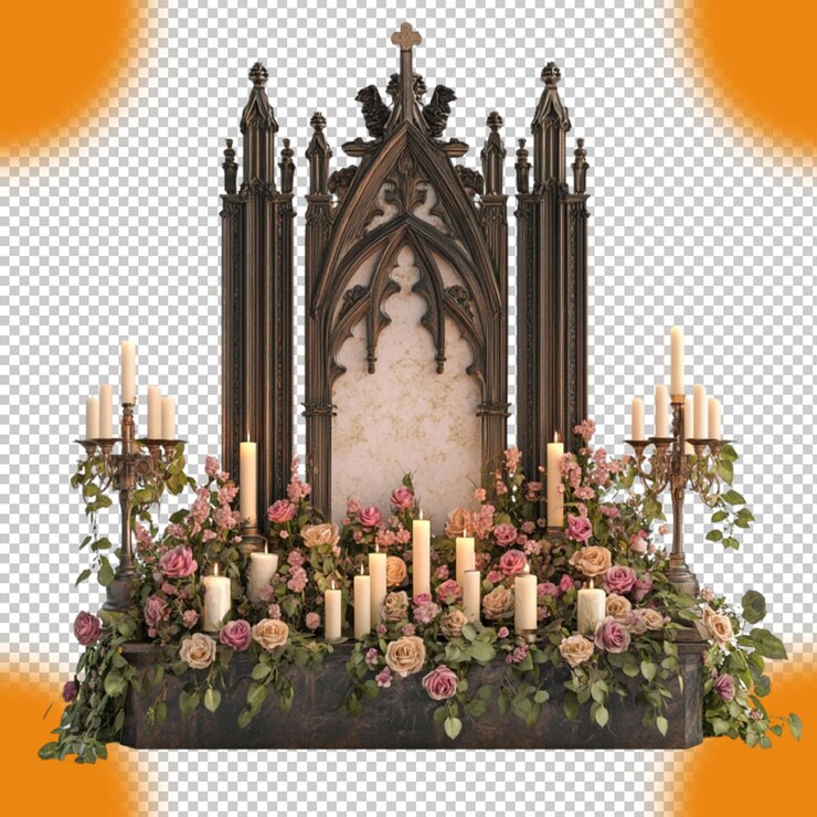 Altar gótico arreglo floral romántico candelabros decoración antigua 3d oro oscuro madera rosa rico