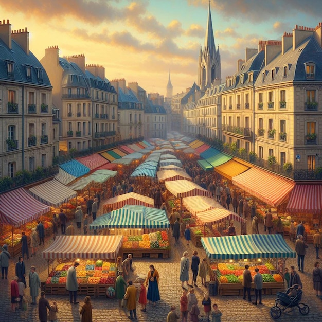 PSD alte farbenfrohe französische straßenmarkt überfüllt mit menschen in gedämpften farben illustration