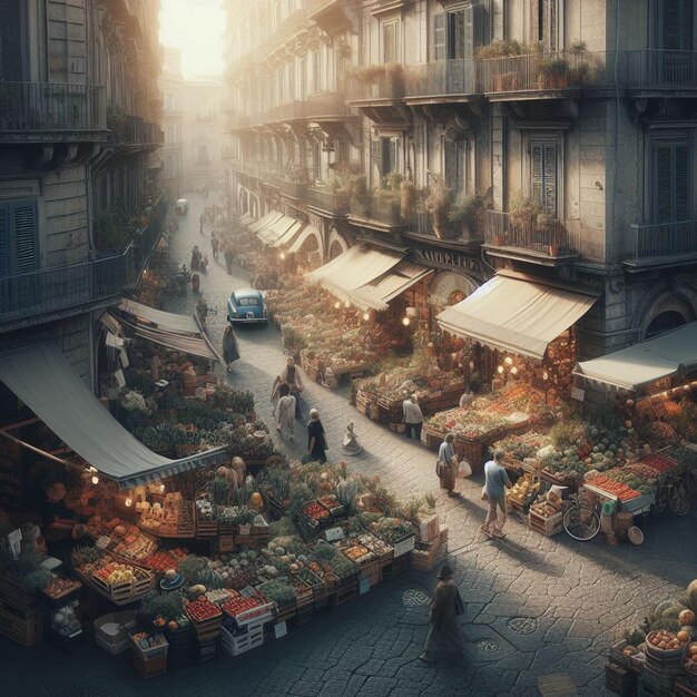 PSD alte farbenfrohe italienische straßenmarkt in venedig überfüllt mit menschen in gedämpften farben illustration