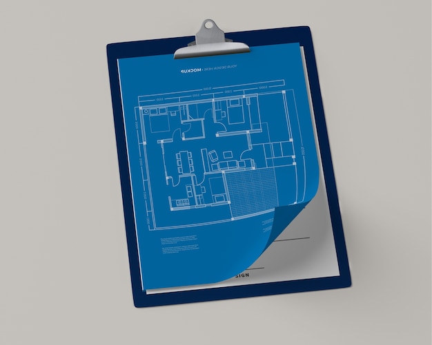 PSD alto ângulo do bloco de notas com blueprint