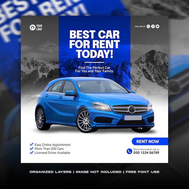 Alugue um carro para mídia social modelo de banner post instagram