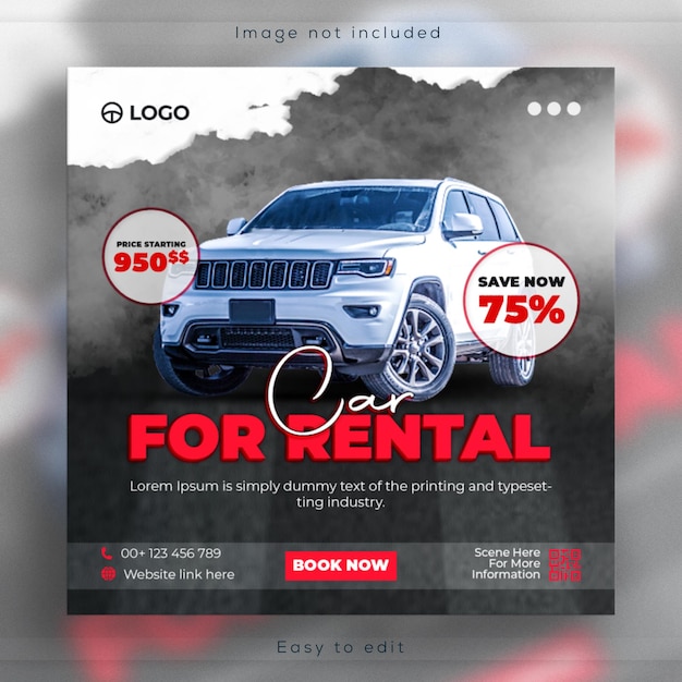 Aluguel de carro Banner Design postagem de mídia social e modelo do Instagram ou pôster promocional da web quadrado.