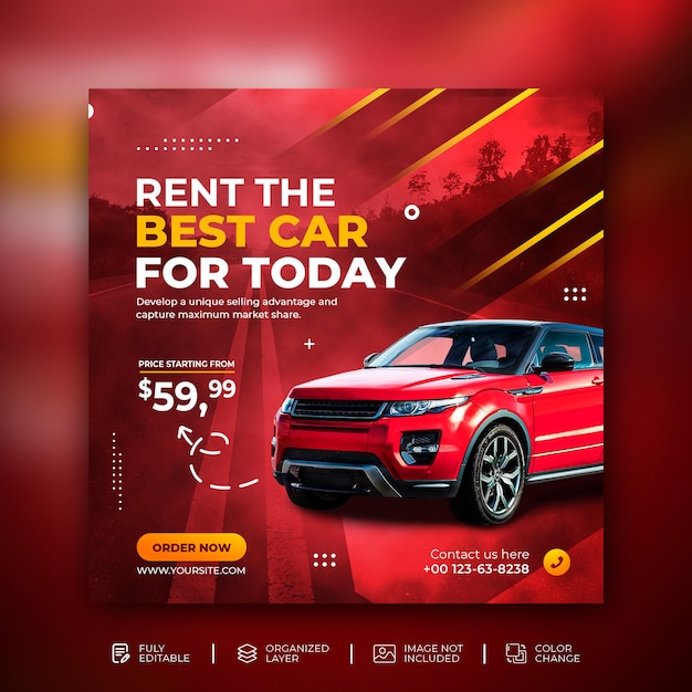 Aluguel de carros venda promoção mídia social Postagem no Instagram em modelo de plano de fundo moderno