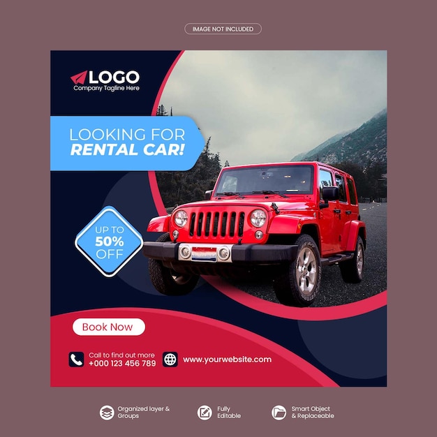 Aluguel de postagem de mídia social de carro ou banner quadrado ou postagem do instagram e modelo de banner da web PSD Premium