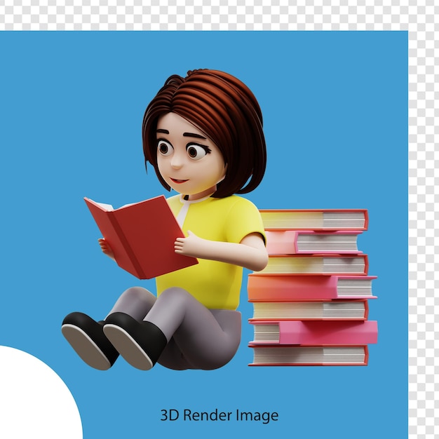 PSD aluna de ilustração 3d lendo um livro