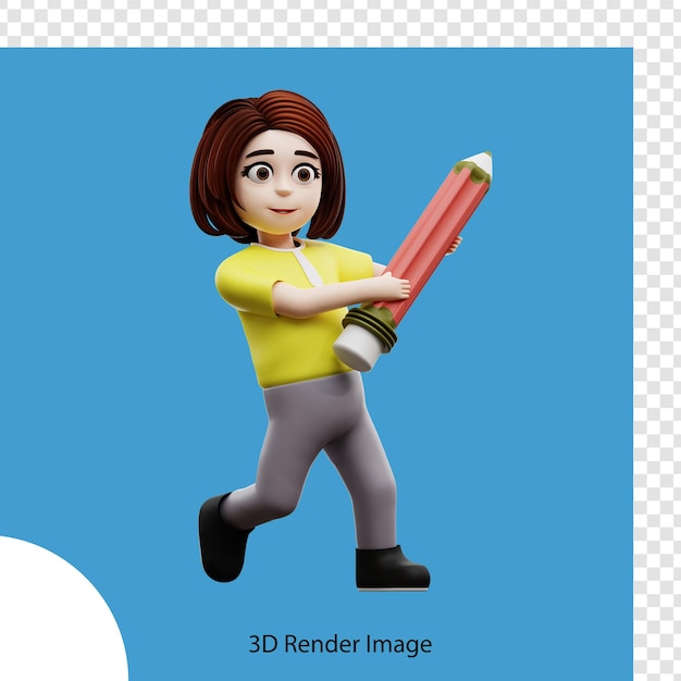 PSD aluna de ilustração 3d segurando um lápis