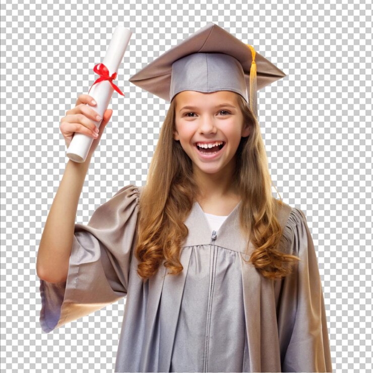 PSD aluna exaltada com diploma e vestido de preto.
