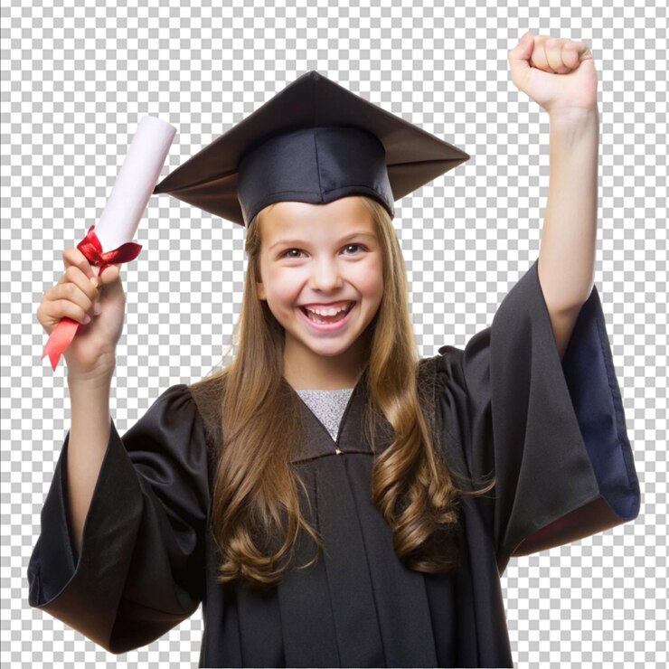 PSD aluna exaltada com diploma e vestido de preto.